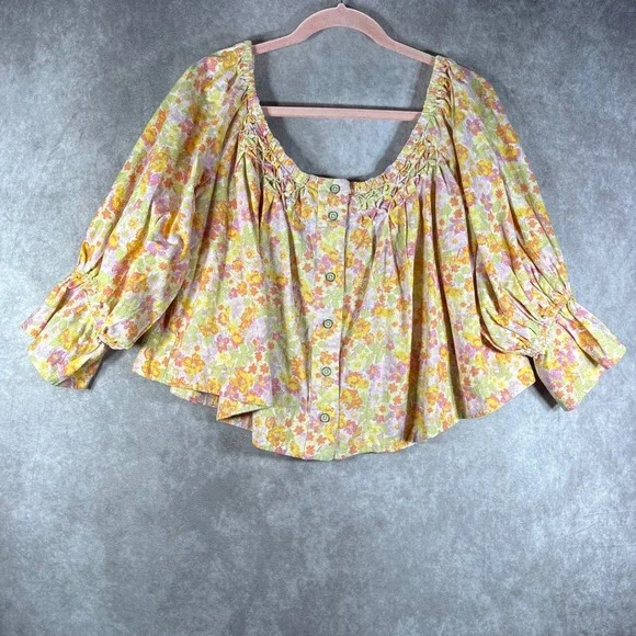 Free People James Top Womens M Yellow Floral Peasant Boho Smocked Button Front