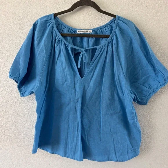 Abercrombie & Fitch Blue Linen Blend Puff Sleeve Tie V-Neck Peasant Blouse Large