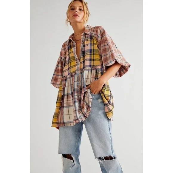 We The Free Moon Bay Boho Plaid Patchwork Babydoll Top Multi Color Womens XS 90s