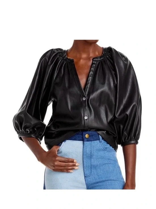 STAUD Black Dill Faux Leather Puff-Sleeve Buttoned Top M