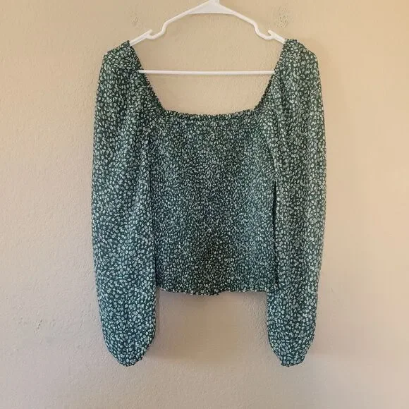 Abercrombie & Fitch Blouse Womens Sz Small Green Floral Long Puff Sleeve Smocked
