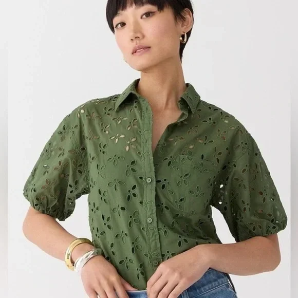 J Crew Spring Garden Top Olive Green Eyelet Size 2
