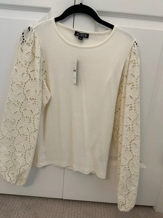 J. Crew Cream Lace-Sleeve Ribbed Knit Top
