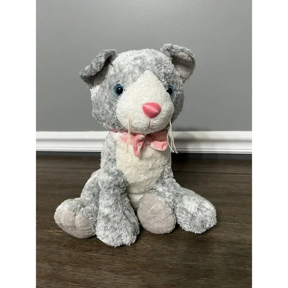 Living Playful Gray Tabby Cat Kitten with Pink Neck‎ Ribbon Plush