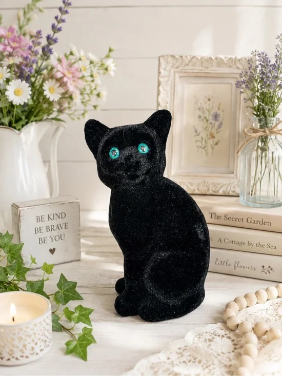 Black Velvet Cat Figurine with Green Eyes - Decorative Pet Accent 8”