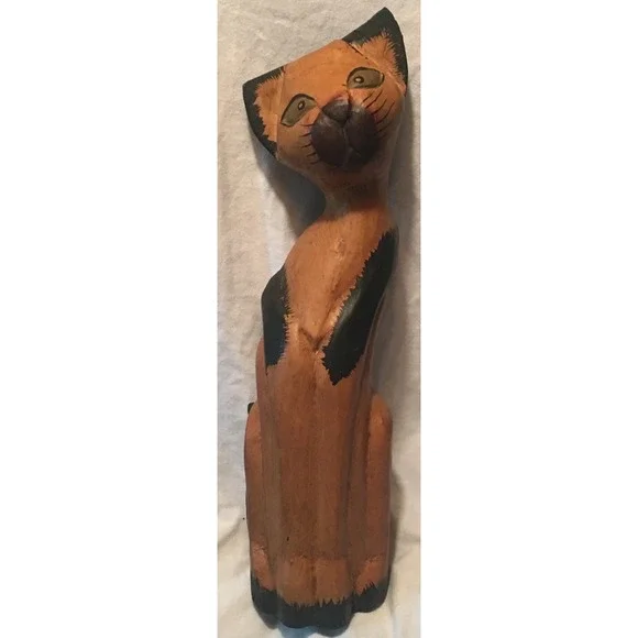 Vintage Hand Carved Wooden Siamese Cat Statue Folk Art 17 Inches