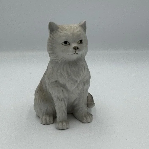 Vintage Cat Figure Ceramic‎ White Black Tail