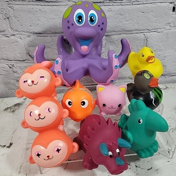 Bath Toys Lot of 8 Nubby Octopus Rubber Duckies Light up Kitty