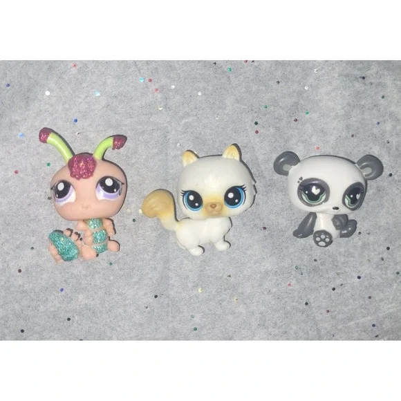 Hasbro Littlest Pet Shop LPS Lot 3 Figures Caterpillar Cat Panda Glittery Toy