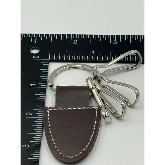 Brown Faux Leather Key Fob Keychain‎ with 4 Silver Key Clips Contrast Stitching
