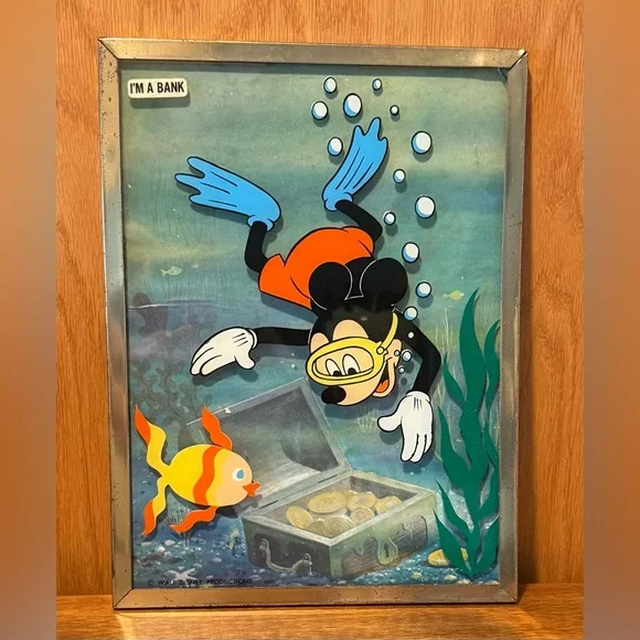 VINTAGE Walt Disney Productions Brytone Mickey Mouse Painting on Glass Bank RARE