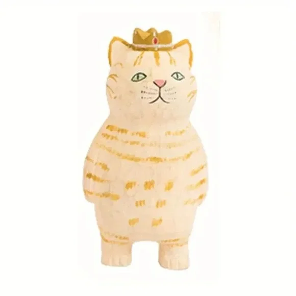 Cat Figurine with Crown Wood Novelty‎  Modern Small Carved Figure Standing New