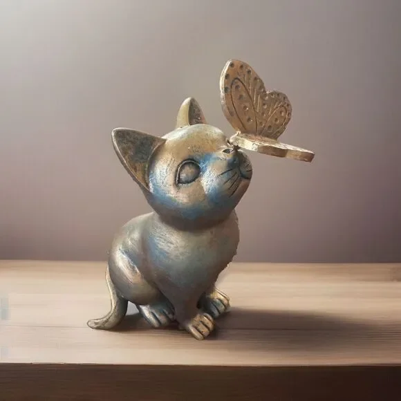Cat and Butterfly Curiosity Garden Statue Bronze color 7.5