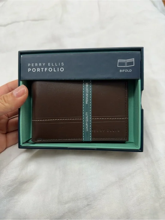 Perry Ellis Brown Leather Bifold Wallet