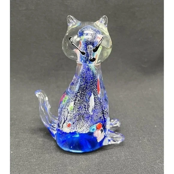 MURANO GLASS CAT FIGURINE OR PAPERWEIGHT Silver Argento Blue Millefiori 4.5