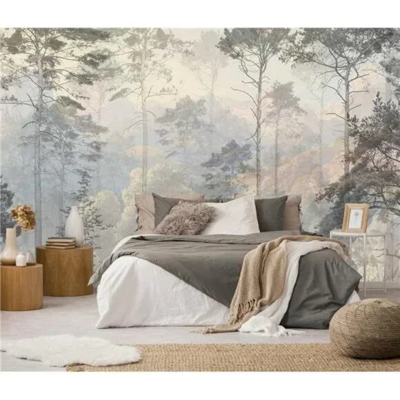 Hazy Forest Wall Mural, Abstract Nature Landscape Wallpaper, Background Wall