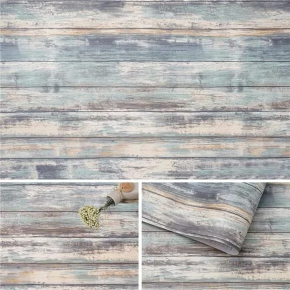Blue Rustic Wood Paper 17''x120'' Self-Adhesive Removable  Wallpaper