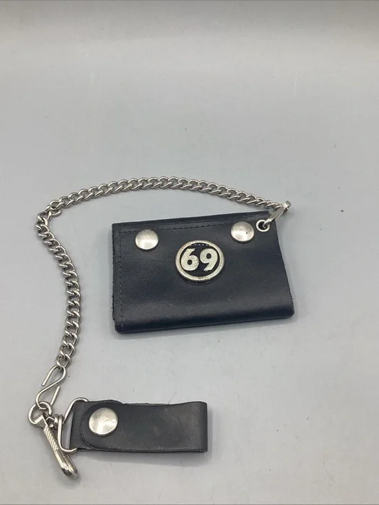 Vintage Black Leather Chain Wallet with Number 69 Accent USA Made
