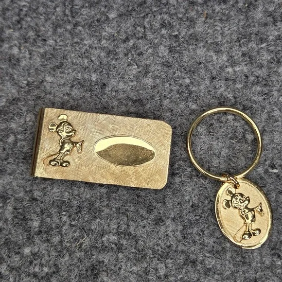 Vintage Walt Disney Productions Mickey Mouse‎ Gold Tone Money Clip & Keychain