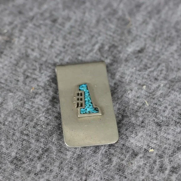 Turquoise Stone Inlay Mens Money Clip Silver Tone Bar Southwestern Jewelry Style