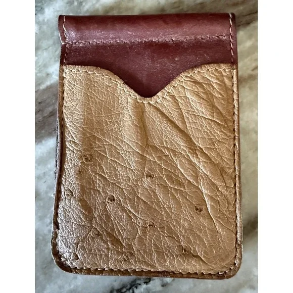 Shiloh America Brown Leather Money Clip Wallet Ostrich Print Embossed