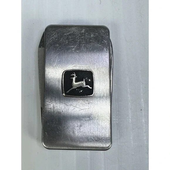 Vintage John Deere Money Clip Silver logo Pocket Knife Multi Tool Advertising