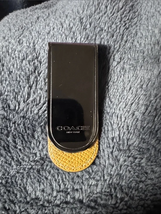 Coach Black Metal Money Clip with Tan Leather Accent