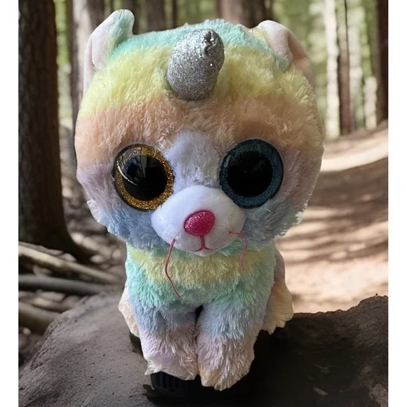 Ty Beanie Boo Kiki‎ The Cat Unicorn Rainbow Glitter Eyes Horn Plush Toy