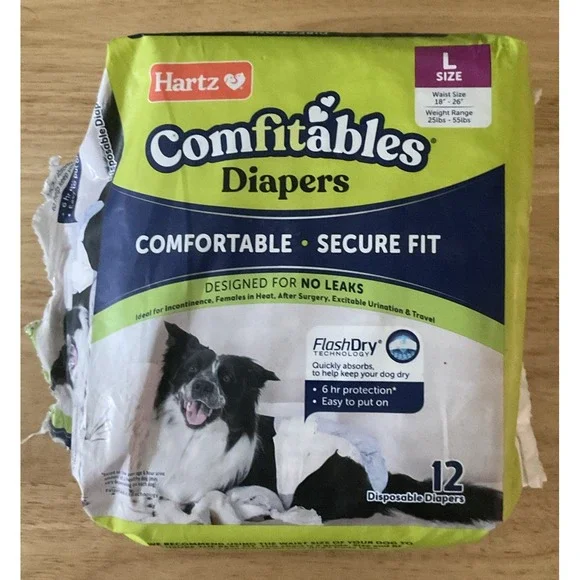 Hartz Comfitables 12 Disposable Diapers For‎ Dogs, Large, Opened But Never Used.