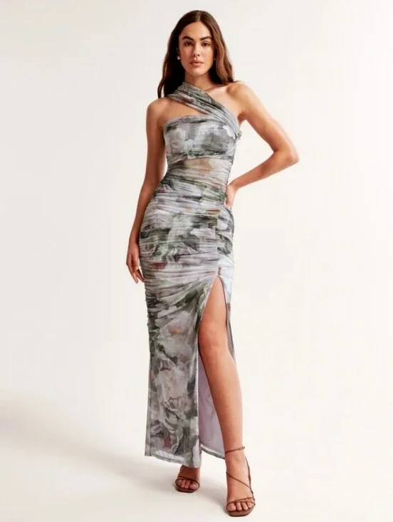 Abercrombie & Fitch Mesh Asymmetrical Off The Shoulder Draped Maxi Dress Small