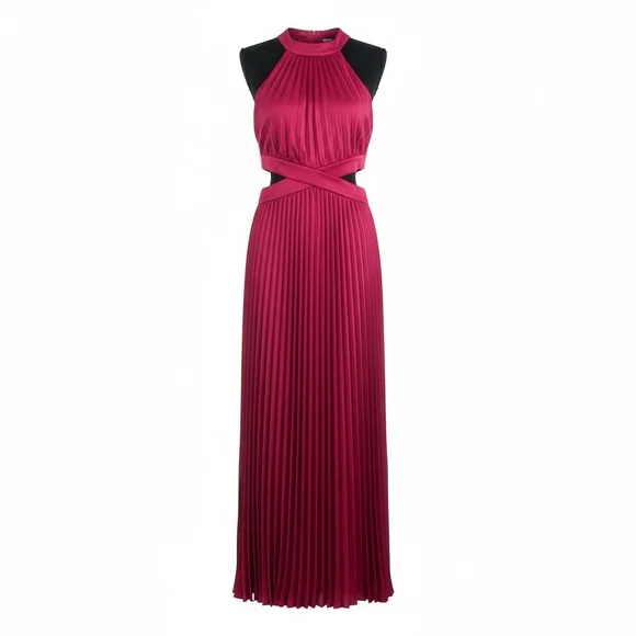 Pleated Halter Maxi Dress in Berry