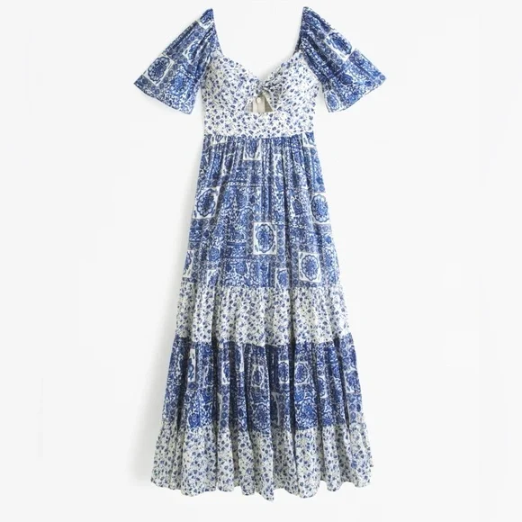 New! Abercrombie & Fitch twist tied blue print tiered maxi dress 37552.
