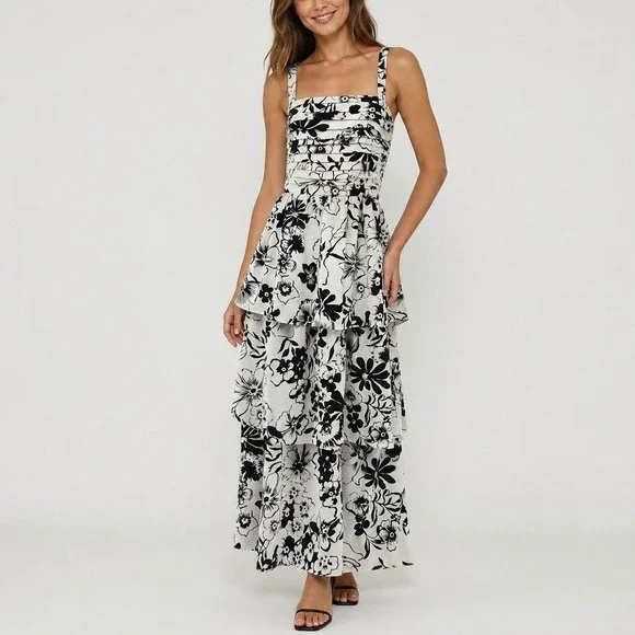 Abercrombie & Fitch Emerson Maxi Dress SP White Black Floral Tiered Boho