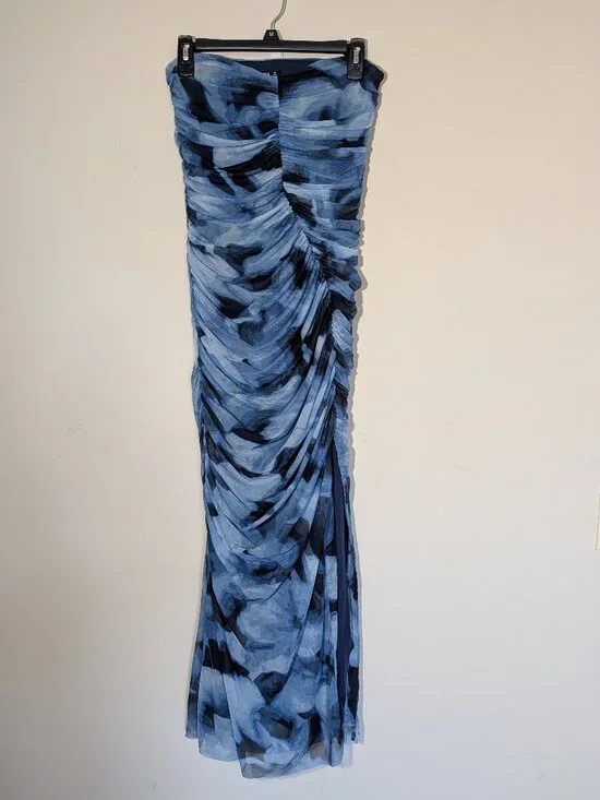 Strapless Ruched Mesh Maxi Dress Size M Blue