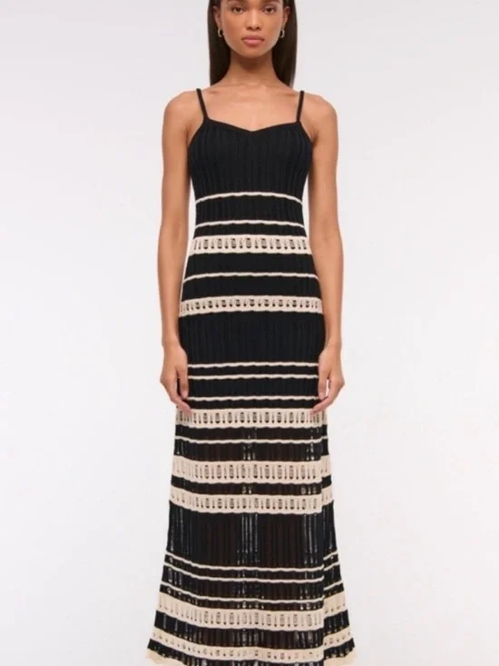 Abercrombie & Fitch Black and Cream Striped Knit Maxi Dress