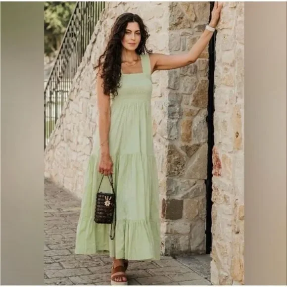 Abercrombie & Fitch Dress Green Smocked Bodice Tiered Boho Size XXS