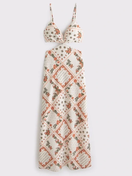 Abercrombie & Fitch White Floral Bandana Maxi Dress with Rust Roses