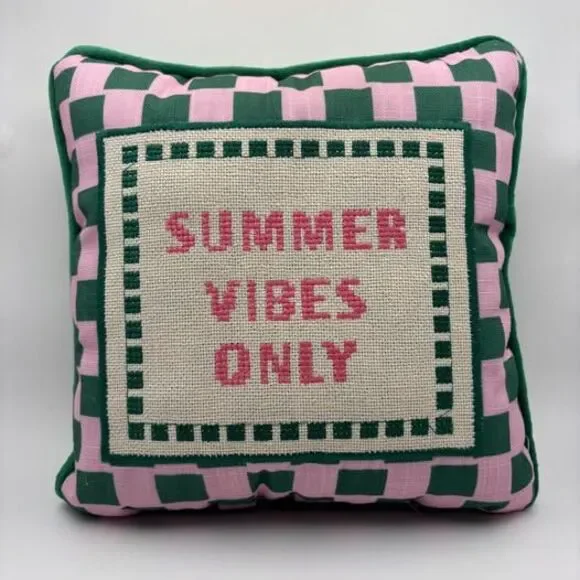 Pillow Summer Vibes Only pink green check embroidery velvet backing