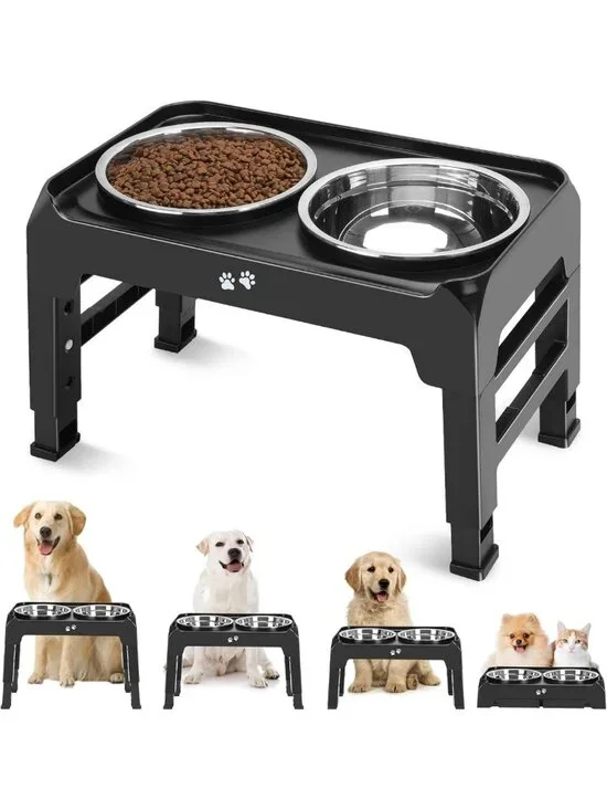 Adjustable Elevated Dog Bowls - 4 Heights, Non-Slip Feeder & 2 Stainless Steel