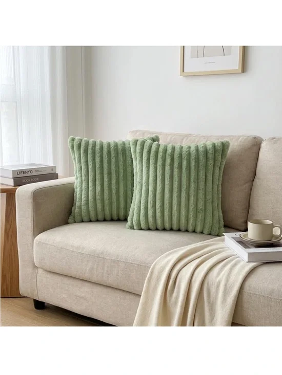 Faux Fur Plush Decorative Soft Plush Double-Sided Striped Light Green 18x18