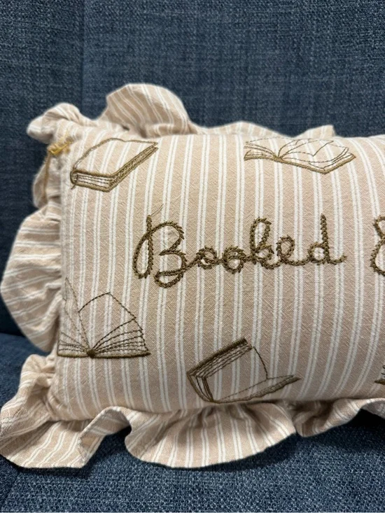 Booked & busy Striped Pinstripe Decorative Pillow Ruffles Embroidered