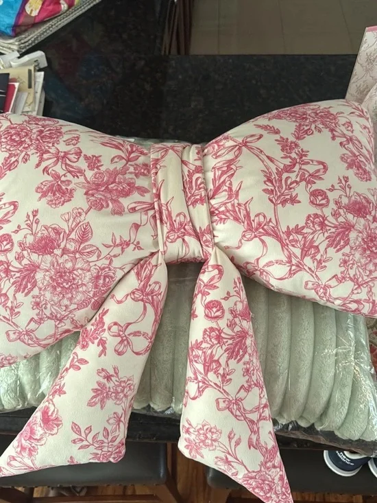 LoveShack Inspo -Bow-Shaped Floral Accent Pillow - Pink on Cream