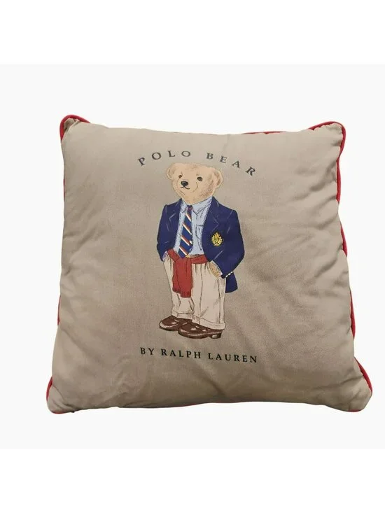 Vintage 1990s Ralph Lauren Polo Bear Pillow, Khaki Twill Canvas Red Trim, Preppy