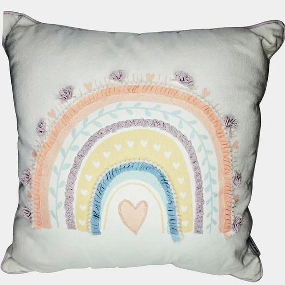 Boho Cottagecore Fairy Pastel Pillow Mixed Media Embroidered Rainbow Hearts Farm