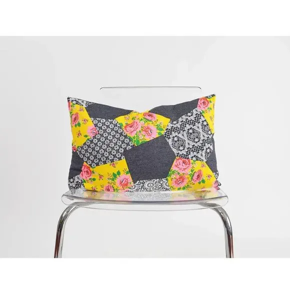 Vintage 70s Patchwork Lumbar Pillow Retro Floral Lace & Denim Boho Print