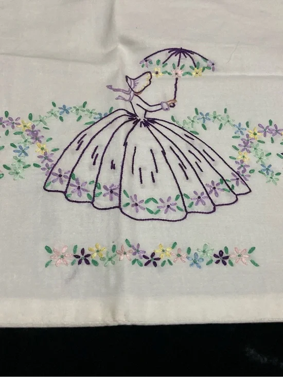 Vintage  Pillowcase w Embroidered Lady and Floral Details Southern Bell 21x17”