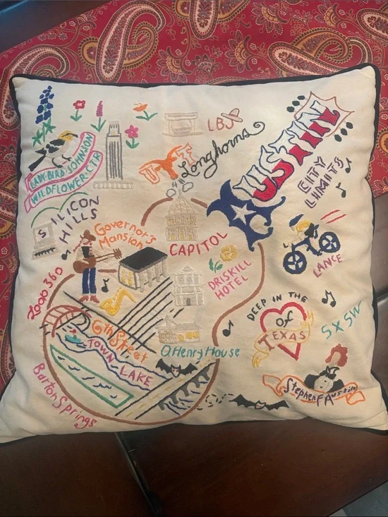 Embroidered Austin-Themed Decorative Throw Pillow - White