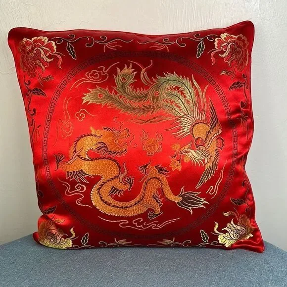 Red Satin Dragon Phoenix Decorative Pillow