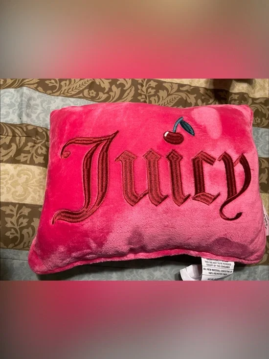 Juicy Couture Pink Plush Pillow with Embroidered Cherry 12 x 16