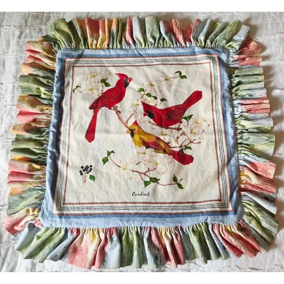 Handmade Cardinal Bird Throw Pillow Cover 21x21 Ruffle Edge Zipper Vintage